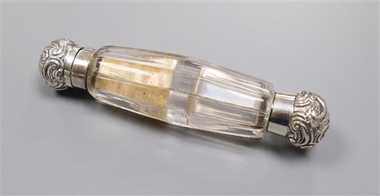 A late Victorian repousse silver mounted glass double ended scent bottle, George Brace, London, 1891, 12.9cm.